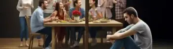 Image contrastant un groupe de personnes heureuses lors d'une activité sociale et une personne seule et isolée, mettant en évidence les effets de l'addiction sur les relations sociales.