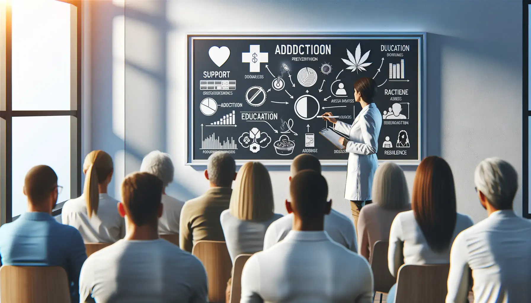 Professionnel de la santé présentant des stratégies de prévention de l'addiction sur un tableau blanc à un groupe diversifié d'adultes dans une salle de conférence.