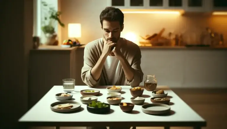 Image d'une personne pensive assise à une table, entourée de petits plats, illustrant la lutte contre les troubles alimentaires.