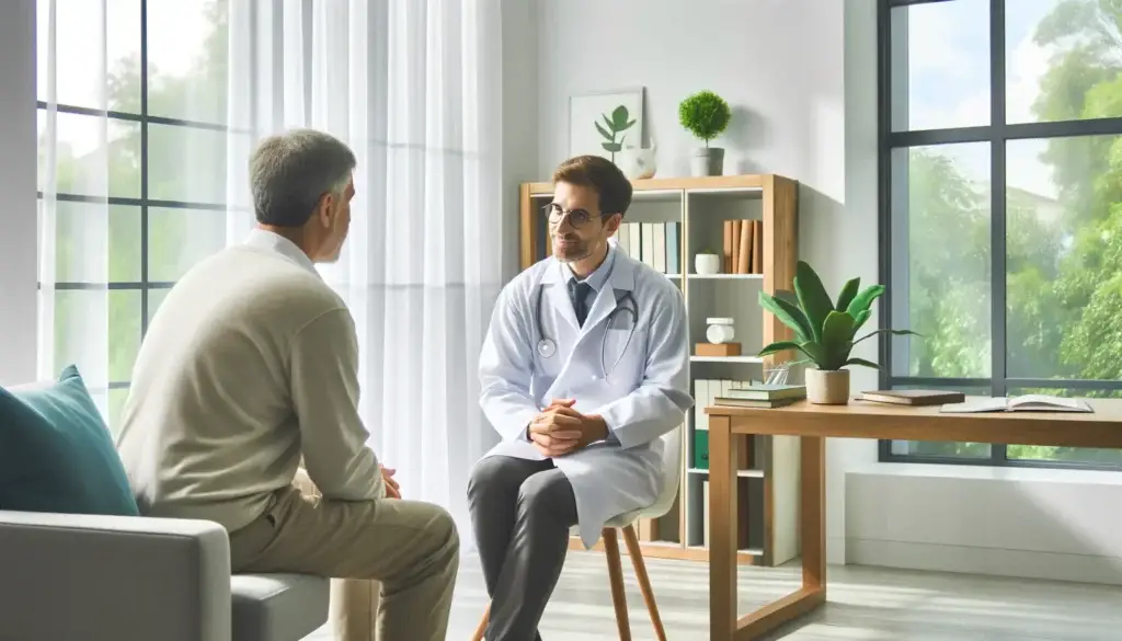 Un médecin en blouse blanche parlant avec un patient dans un bureau décoré de livres et d'une plante verte, illustrant un entretien sur l'addiction.