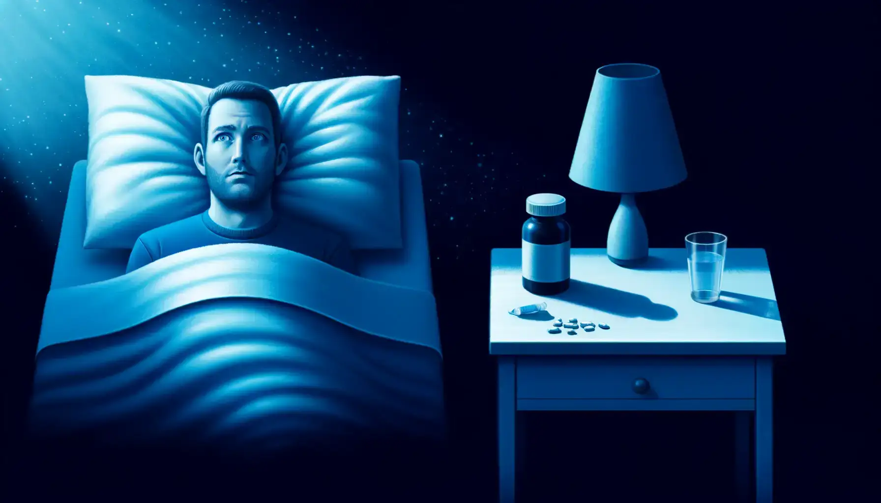 Homme anxieux allongé dans un lit, regardant le plafond avec des médicaments sur une table de nuit, symbolisant l'impact de l'addiction sur le sommeil.