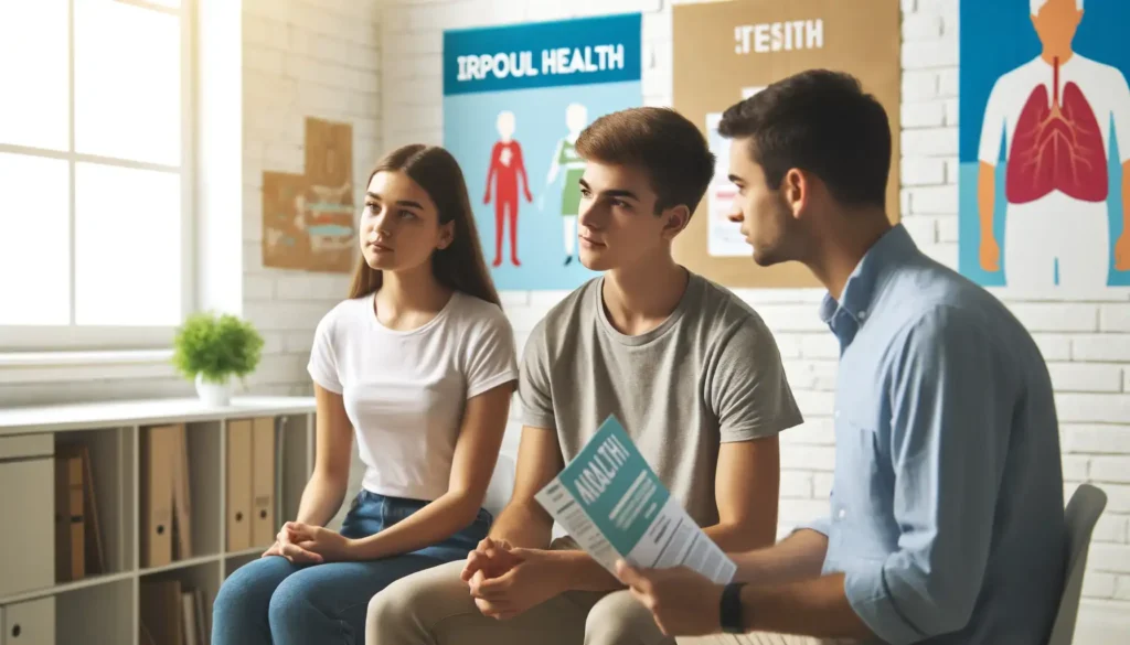 Deux adolescents, un garçon et une fille, écoutent attentivement un éducateur dans une salle de classe moderne et lumineuse. L'éducateur explique des informations importantes sur la santé en tenant une brochure. Les murs sont décorés de posters éducatifs sur la santé et le bien-être.