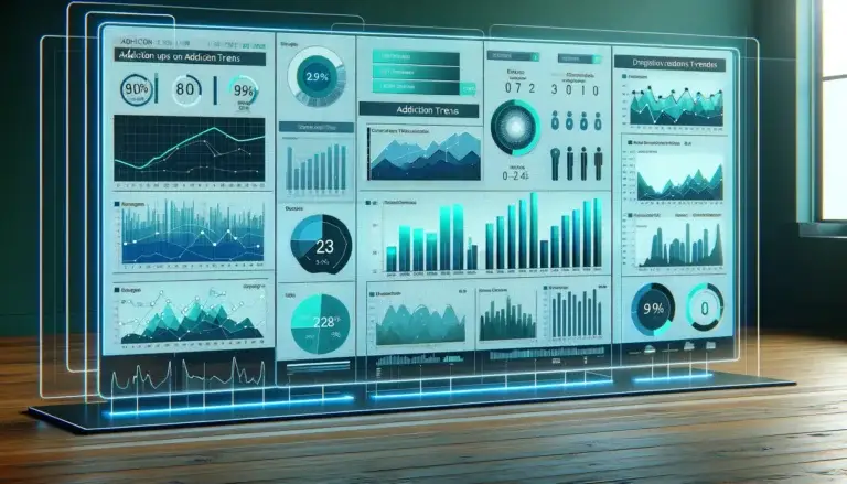 Tableau de bord affichant divers graphiques et statistiques sur l'addiction, mettant en évidence les tendances et les mesures préventives.