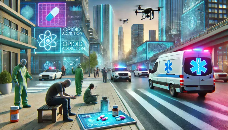 Scène futuriste d'une rue de ville illustrant la crise de l'addiction aux opioïdes, avec des bâtiments high-tech, des publicités holographiques, une personne assise sur le trottoir avec un air désespéré, une autre personne utilisant un dispositif futuriste pour passer des drogues et une ambulance drone en arrière-plan.