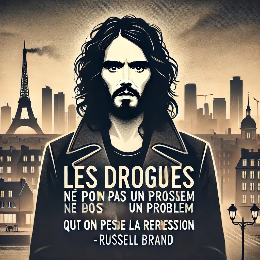 Une illustration représente un homme à l’air sérieux, aux cheveux longs et à la barbe, debout devant la Tour Eiffel sur fond de toits de la ville. Le texte en français se lit comme suit : "Les drogues et addiction n'ont pas un problème, nous avons un problème qui ont pesé la répression" - Russell Brand.