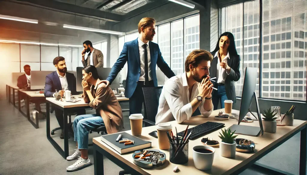 Un bureau occupé avec six personnes engagées dans diverses activités. Certains travaillent à un bureau, d’autres parlent au téléphone ou participent à une conversation. Les bureaux sont encombrés d’ordinateurs portables, de tasses à café et de fournitures de bureau. De grandes fenêtres révèlent un paysage urbain en arrière-plan.