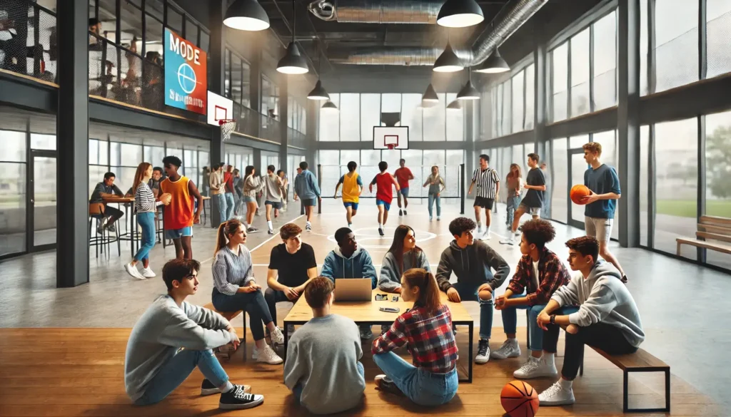 Un groupe d'adolescents est assis en cercle et discute de la toxicomanie chez les jeunes sur un plancher en bois dans un terrain de basket-ball intérieur moderne. En arrière-plan, d'autres personnes jouent au basket-ball et discutent. Le décor est bien éclairé par de grandes fenêtres et des plafonniers.