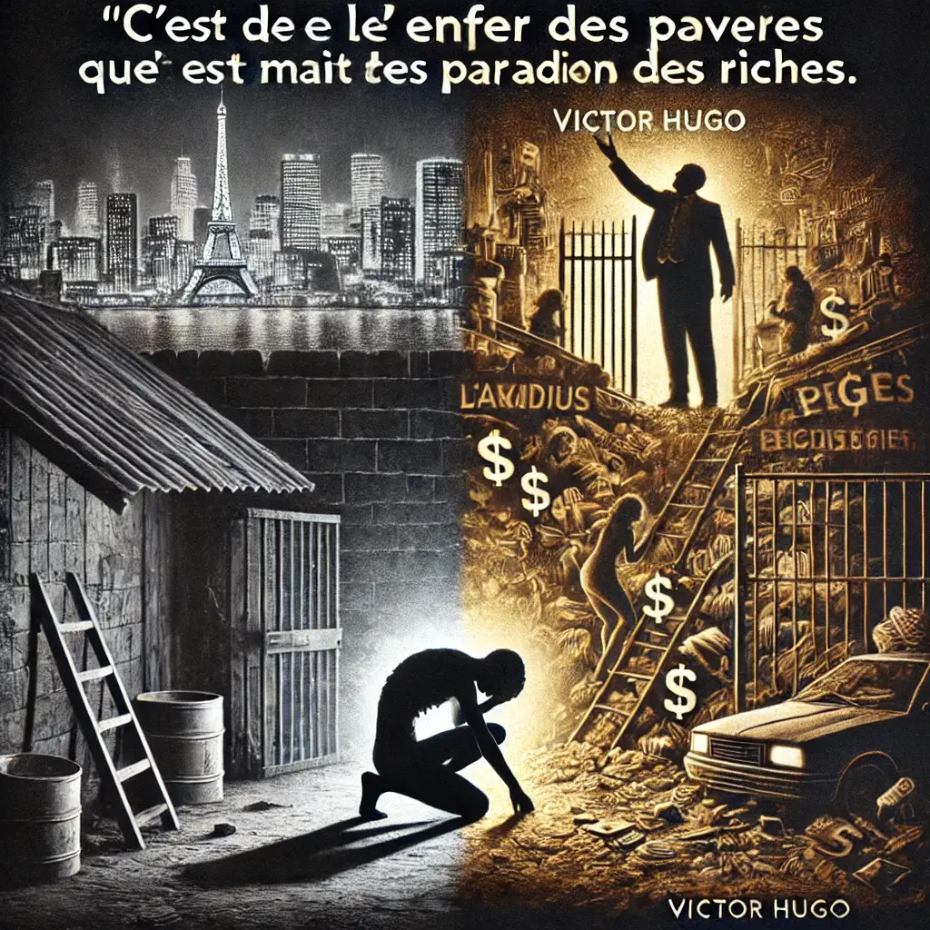 Une image divisée représente un côté pauvre et sombre avec une silhouette agenouillée à côté d'une cabane, contrastant avec un côté riche et doré montrant des personnages grimpant sur une échelle couverte d'argent, de voitures de luxe et d'un manoir fermé. Surtout, la citation de Victor Hugo en français ajoute de la profondeur. Les références aux « thérapies pour addiction » suggèrent subtilement des chemins vers la guérison.