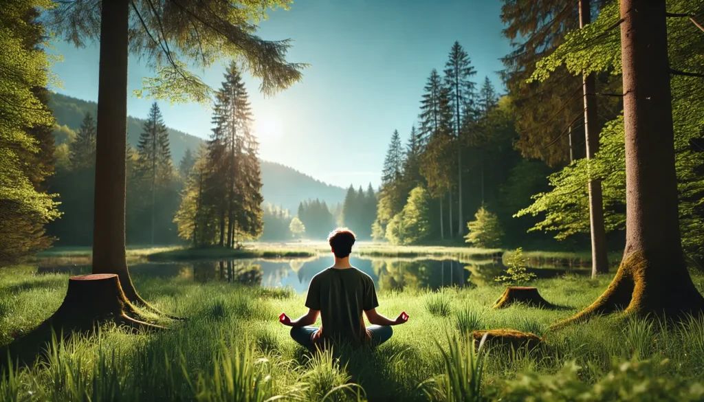 Personne pratiquant la méditation de pleine conscience en plein air, entourée de verdure et d'un lac tranquille.