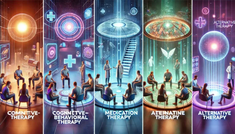 Une illustration futuriste représentant quatre types de thérapie : « Thérapie cognitive », « Thérapie cognitivo-comportementale », « Thérapie médicamenteuse » et « Thérapie alternative ». Les gens sont assis en cercles avec des éléments holographiques au-dessus d'eux, reflétant le thème de chaque type de thérapie, en se concentrant sur les thérapies pour la toxicomanie.