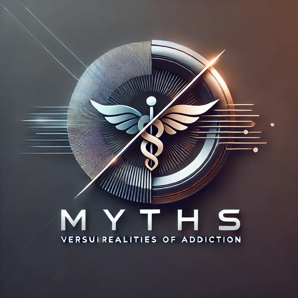 Logo futuriste et moderne sans texte représentant les mythes et réalités de l'addiction, avec des formes abstraites et des textures métalliques.