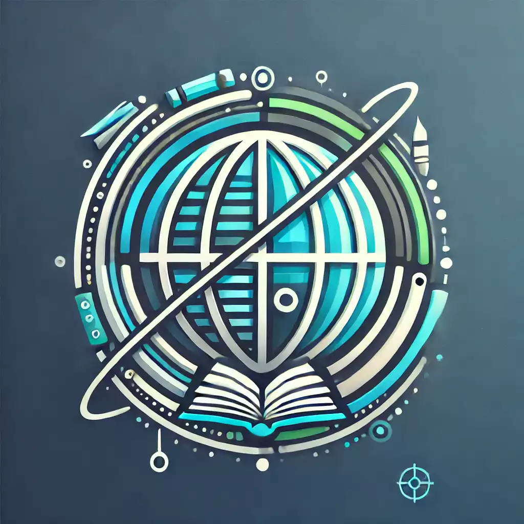 Logo futuriste avec un globe terrestre entouré de symboles éducatifs, représentant l'idée que l'éducation est une arme puissante pour changer le monde, inspiré par la citation de Nelson Mandela.