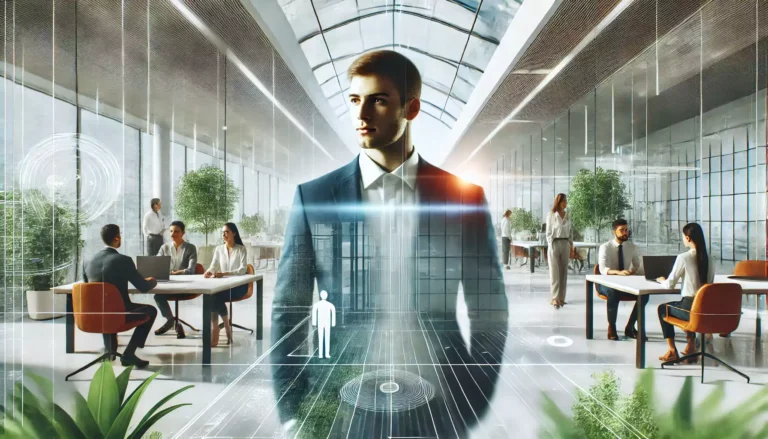 Un environnement de bureau moderne et futuriste avec un groupe diversifié de personnes travaillant ensemble dans un espace lumineux et ouvert. Un individu se tenant avec confiance symbolise la réinsertion réussie après une addiction.