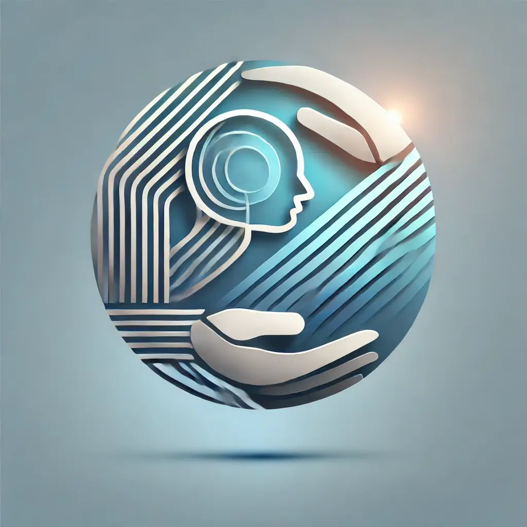 Logo abstrait moderne et futuriste avec des formes géométriques interconnectées et des dégradés de bleu et argenté, évoquant la connexion humaine et le soutien.