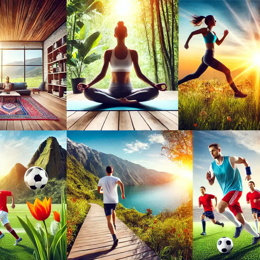 Un collage vibrant illustrant diverses activités physiques : une séance de yoga, un jogging sur un sentier et un match de sport collectif.