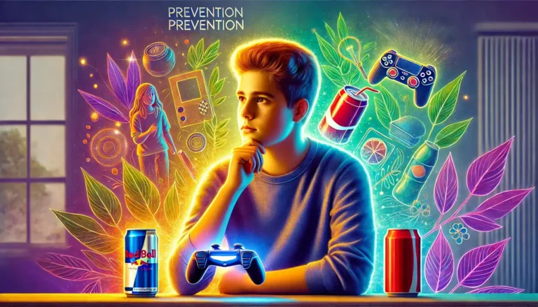 Illustration réaliste montrant un adolescent réfléchi assis dans une chambre moderne, entouré de symboles subtils de diverses addictions comme un smartphone lumineux, des canettes vides et une manette de jeu, avec un éclairage chaleureux suggérant espoir et prévention.