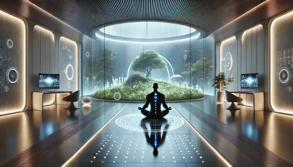 Une personne méditant dans un espace intérieur futuriste avec des accents technologiques, assise sur un tapis lumineux entourée de lumières LED et d'une vue sur un jardin high-tech.