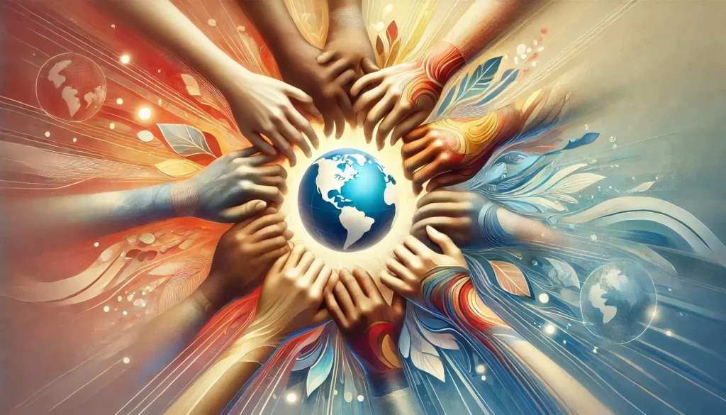 Image symbolique représentant la coopération internationale avec des mains de diverses couleurs entrelacées en cercle, symbolisant l'unité et l'action collective sur fond harmonieux.