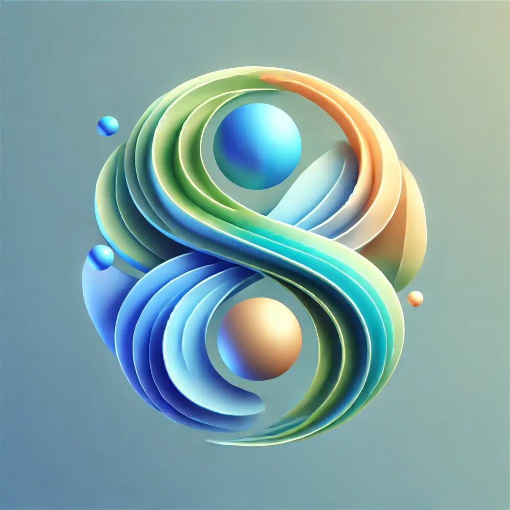 Logo abstrait et futuriste avec des formes fluides et des couleurs vibrantes (bleu, vert, or), symbolisant la lutte intérieure et la guérison émotionnelle.
