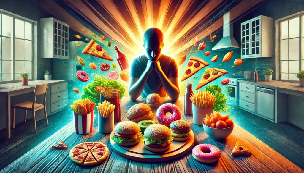 Une illustration moderne représentant une personne confrontée à une dépendance alimentaire, entourée d'aliments riches comme des burgers, donuts, et pizzas, dans un environnement émotionnellement chargé.