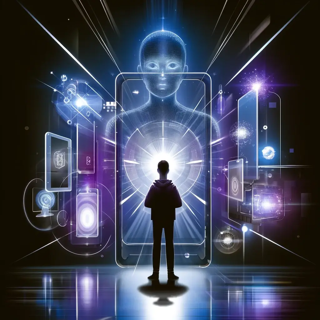 Illustration moderne et futuriste représentant une personne isolée par l'addiction aux écrans, entourée d'interfaces numériques lumineuses.