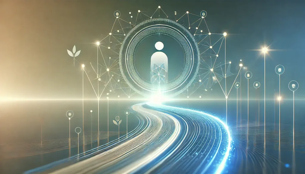 Un visuel futuriste et épuré représentant un chemin lumineux entouré d’un réseau interconnecté symbolisant les structures d’aide, avec une silhouette en arrière-plan incarnant la résilience. La palette de couleurs apaisantes en bleu, blanc et vert clair inspire confiance et espoir.