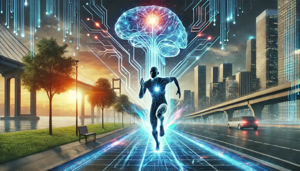 Illustration futuriste et moderne d'une personne courant dans un environnement urbain high-tech, entourée de vagues d'énergie symbolisant la résilience et la guérison, avec des chemins neuronaux lumineux au-dessus représentant la santé cérébrale et la récupération.
