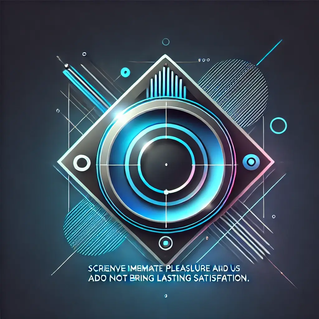 Logo futuriste et moderne représentant le contraste entre le plaisir immédiat des écrans et la satisfaction durable, avec un design épuré, des formes abstraites et des couleurs néon bleues et argentées.