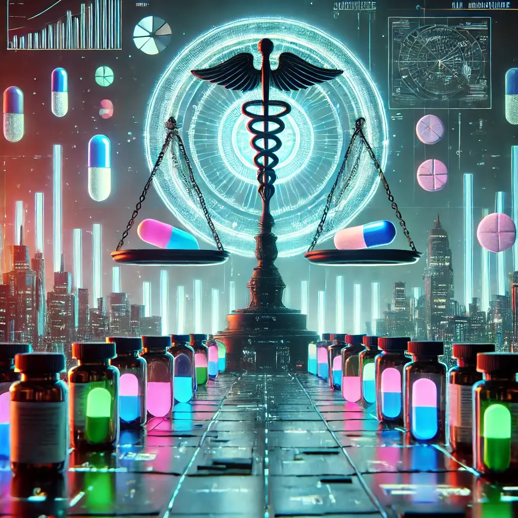 Illustration futuriste de la légalisation des drogues avec une balance de la justice holographique flottant dans une ville cyberpunk, représentant le débat entre régulation et marché noir.