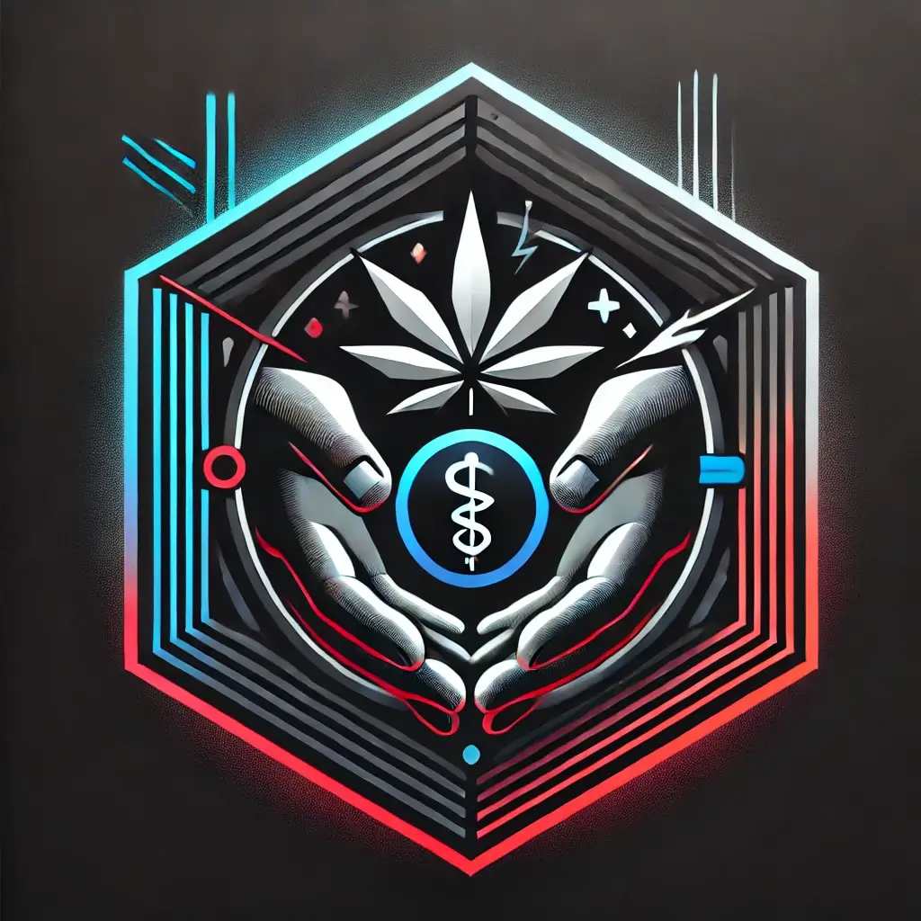 Logo futuriste et minimaliste représentant une main ouverte symbolisant l’offre de drogues, une ombre évoquant le marché clandestin et une faille lumineuse illustrant l’interdiction. Le design est cyberpunk avec des couleurs néon et métalliques.