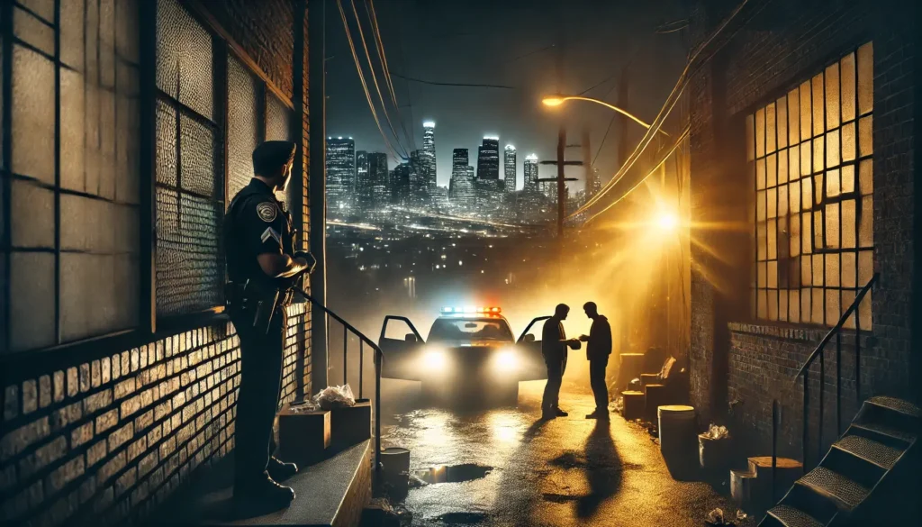 Policier observant une transaction suspecte dans une ruelle sombre, éclairée par un lampadaire vacillant, avec une grande ville en arrière-plan.