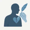 Logo vectoriel d’une silhouette humaine avec une fissure au cœur, d’où sort une main tenant une plume.