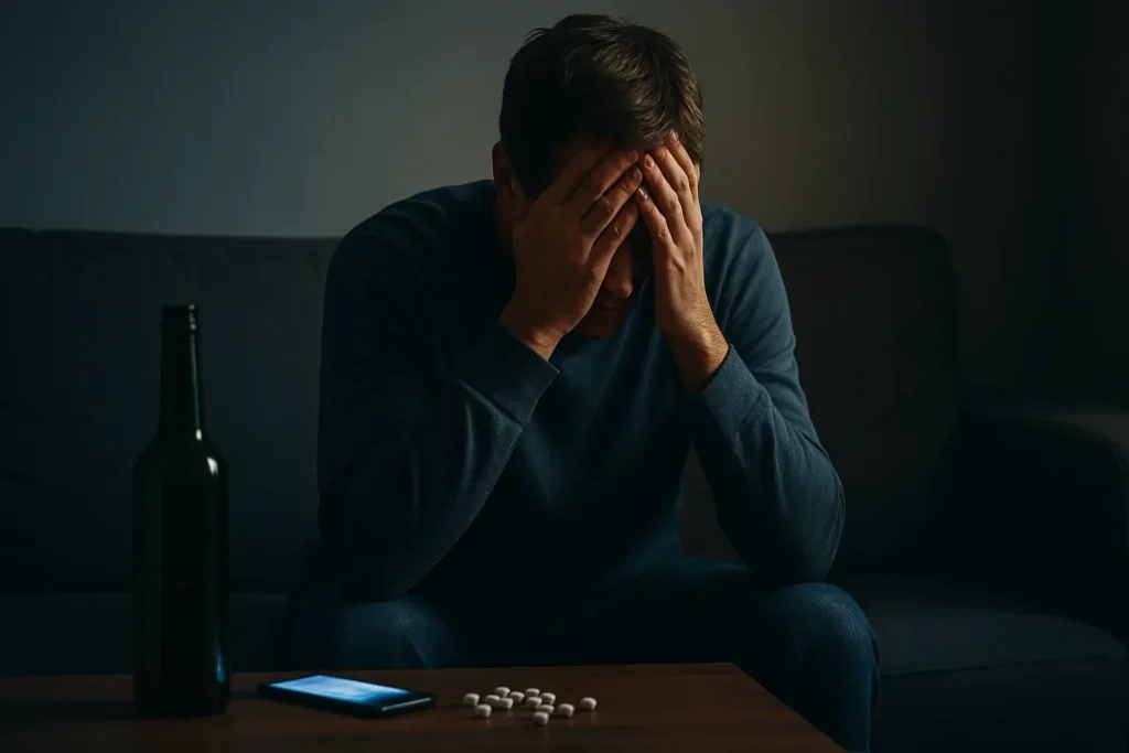 Personne seule assise dans une pièce sombre, visage dans les mains, avec des objets liés à l’addiction en arrière-plan comme une bouteille vide, des médicaments et un téléphone lumineux.