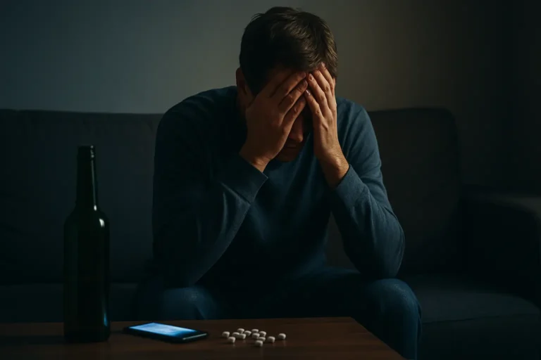Personne seule assise dans une pièce sombre, visage dans les mains, avec des objets liés à l’addiction en arrière-plan comme une bouteille vide, des médicaments et un téléphone lumineux.