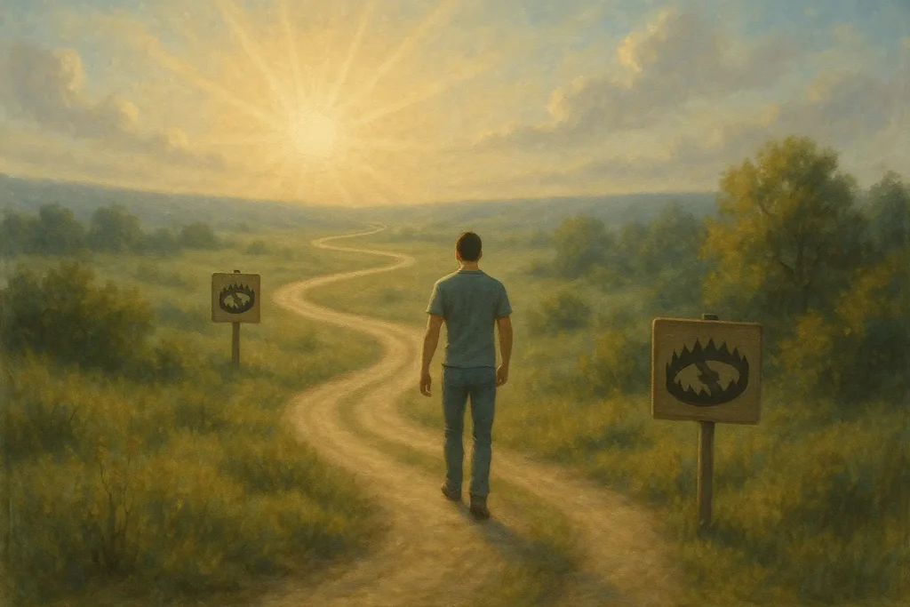 Peinture réaliste d’un homme marchant sur un chemin sinueux, avec des panneaux d’avertissement symbolisant les pièges sur le parcours de sobriété et un ciel lumineux évoquant l’espoir.