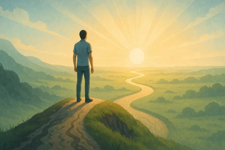 Illustration d'une personne debout au sommet d’un chemin sinueux au lever du soleil, contemplant un horizon lumineux symbolisant un nouveau départ après l’addiction. Le paysage évoque la paix intérieure, la transformation personnelle et l'espoir.
