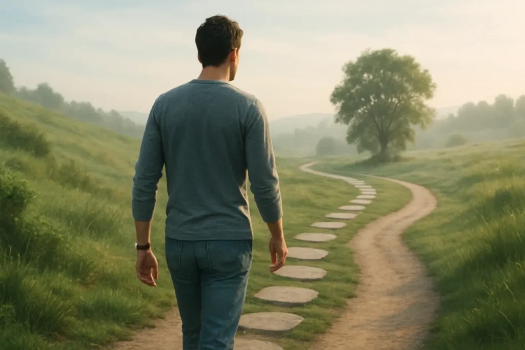 Homme marchant sur un chemin verdoyant symbole de progression quotidienne face à l'addiction