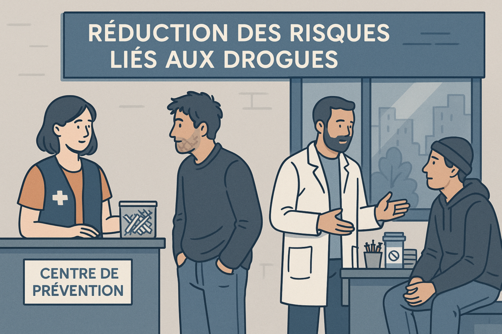 Illustration d’un centre de prévention en France, montrant des professionnels de santé distribuant du matériel stérile et conseillant des usagers dans une démarche de réduction des risques liés à la consommation de drogues.