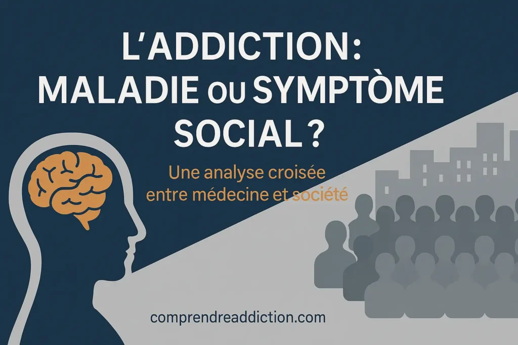 « Illustration représentant l’addiction comme maladie du cerveau et symptôme social, avec une silhouette humaine et une foule en arrière-plan »