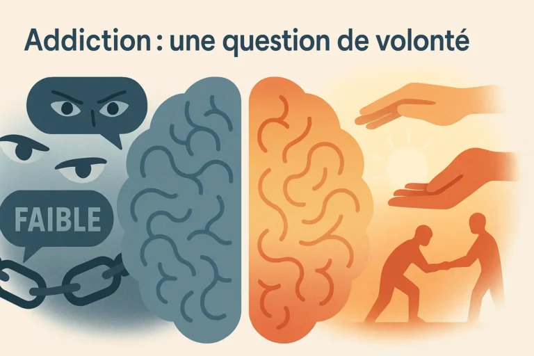 Illustration d’un cerveau partagé en deux moitiés : à gauche, stigmatisation de l’addiction (regards accusateurs, chaînes, mot “faible”) ; à droite, entraide et soutien (mains tendues, lumière douce).