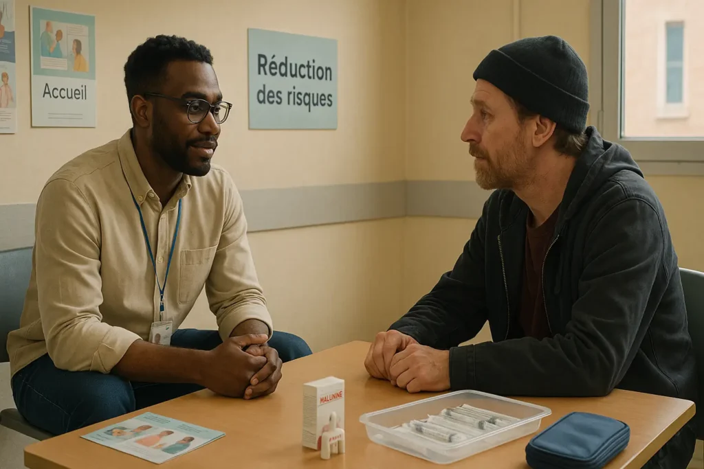 Entretien bienveillant entre un intervenant social et une personne dans un CAARUD ; kits stériles et naloxone posés sur la table.
