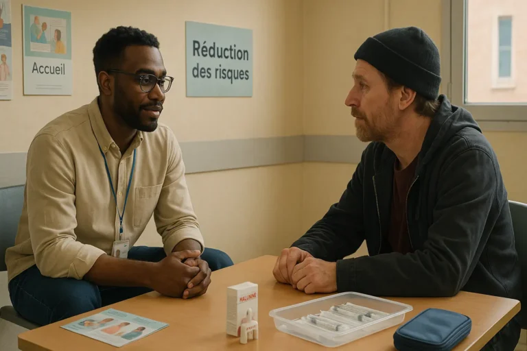 Entretien bienveillant entre un intervenant social et une personne dans un CAARUD ; kits stériles et naloxone posés sur la table.