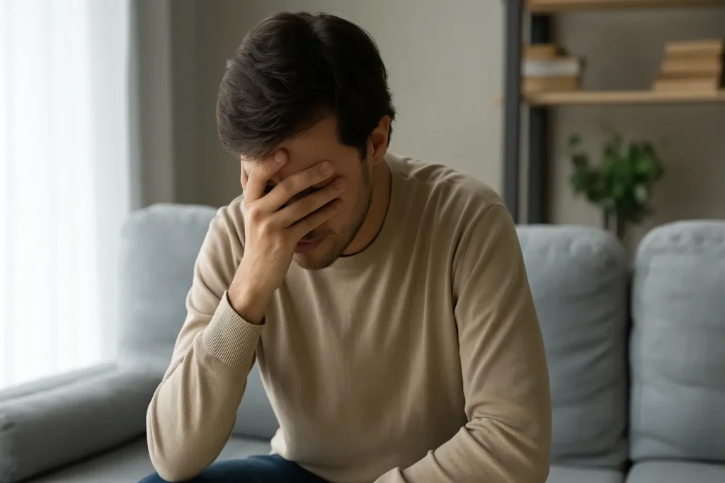 Personne assise sur un canapé, la tête dans les mains, symbolisant la difficulté et la détresse de parler de son addiction, dans une lumière douce et apaisante.