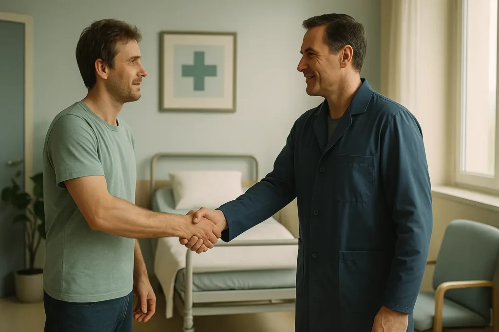 Deux hommes se serrant la main dans un centre de soins lumineux, symbolisant la pair-aidance en addictologie, la solidarité et l’espoir du rétablissement.