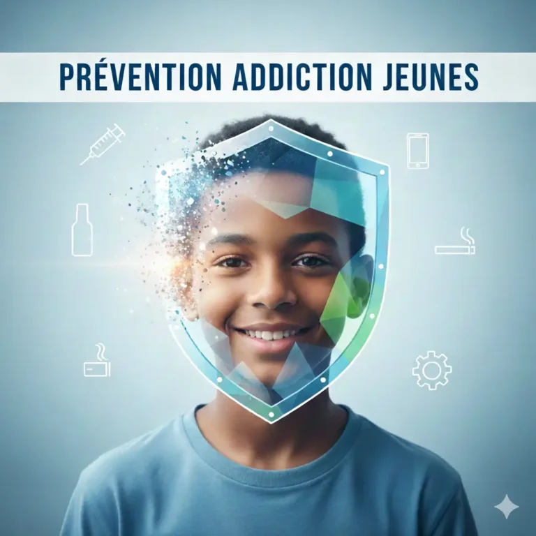 Jeune enfant protégé par un bouclier hexagonal symbolisant les compétences psychosociales pour la prévention des addictions chez les adolescents.