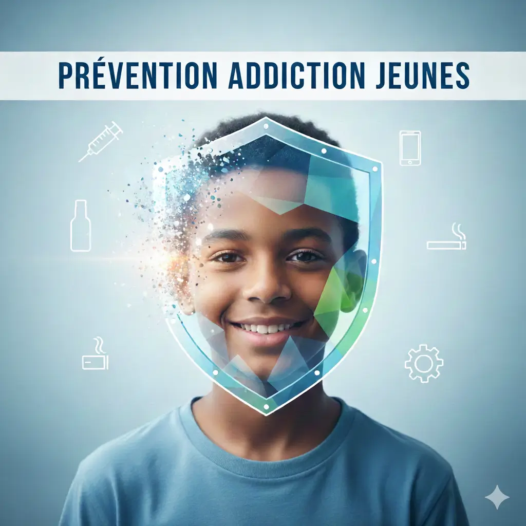 Jeune enfant protégé par un bouclier hexagonal symbolisant les compétences psychosociales pour la prévention des addictions chez les adolescents.