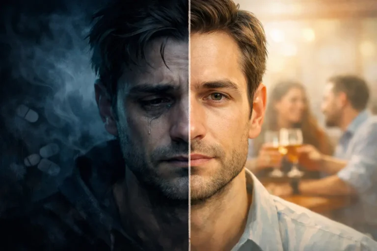 Illustration réaliste d’un visage divisé en deux représentant la dualité du vécu intérieur de l’addiction et le regard extérieur, entre souffrance intime et apparence sociale.