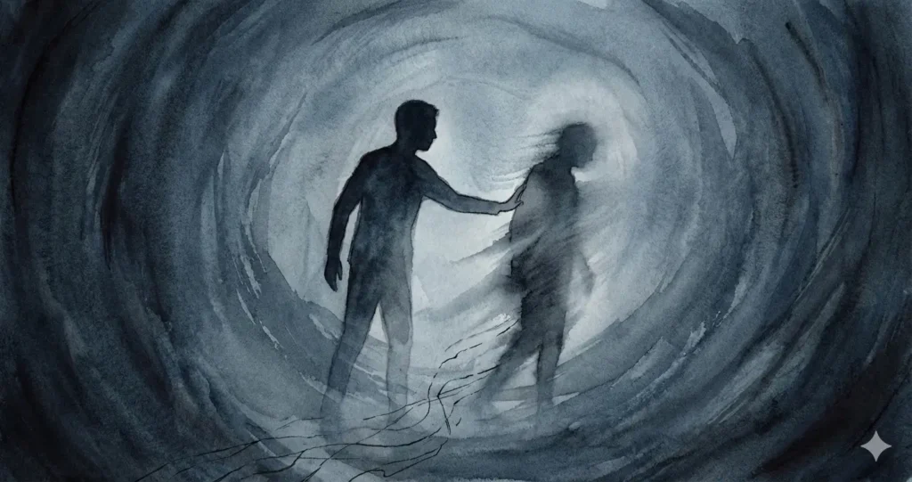 Illustration émotionnelle en tons froids représentant la codépendance liée à l'addiction, montrant une silhouette floue tentant de retenir l'autre qui s'éloigne dans l'obscurité.
