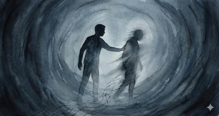 Illustration émotionnelle en tons froids représentant la codépendance liée à l'addiction, montrant une silhouette floue tentant de retenir l'autre qui s'éloigne dans l'obscurité.