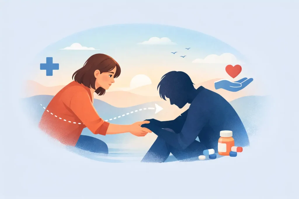 Illustration d’un proche tendant la main à une personne en difficulté, symbolisant l’accompagnement vers un CSAPA face à l’addiction